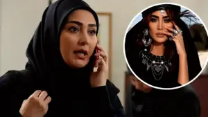 مریم معصومی با پوشش مشکی و جواهرات بزرگ در تصویری دراماتیک و جنگجویانه
