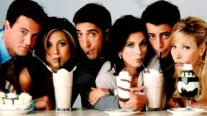 پوستر سریال Friends با حضور شش شخصیت اصلی در کافی‌شاپ