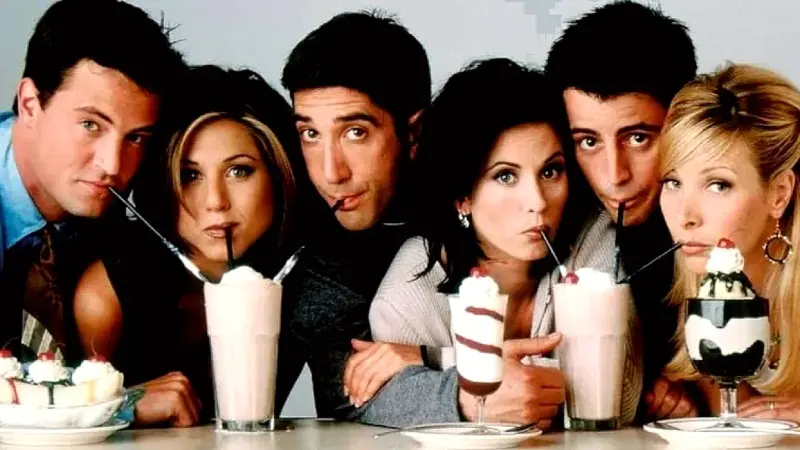 پوستر سریال Friends با حضور شش شخصیت اصلی در کافی‌شاپ